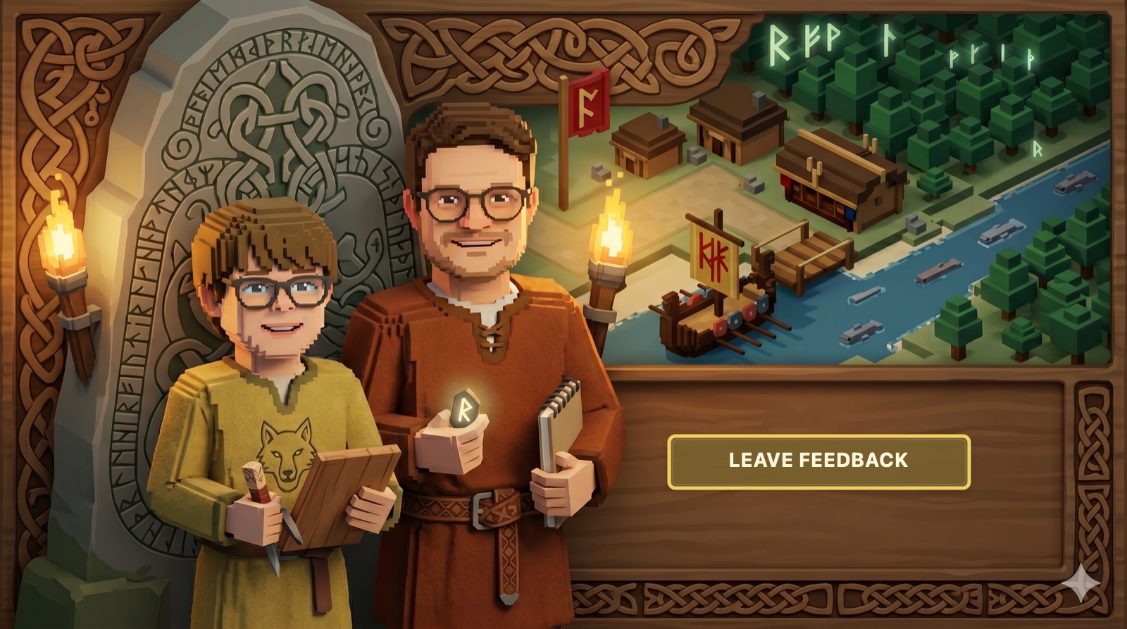 Voxel portrait of Thomas and Seth Hansen beside the Jelling Stone village map.
