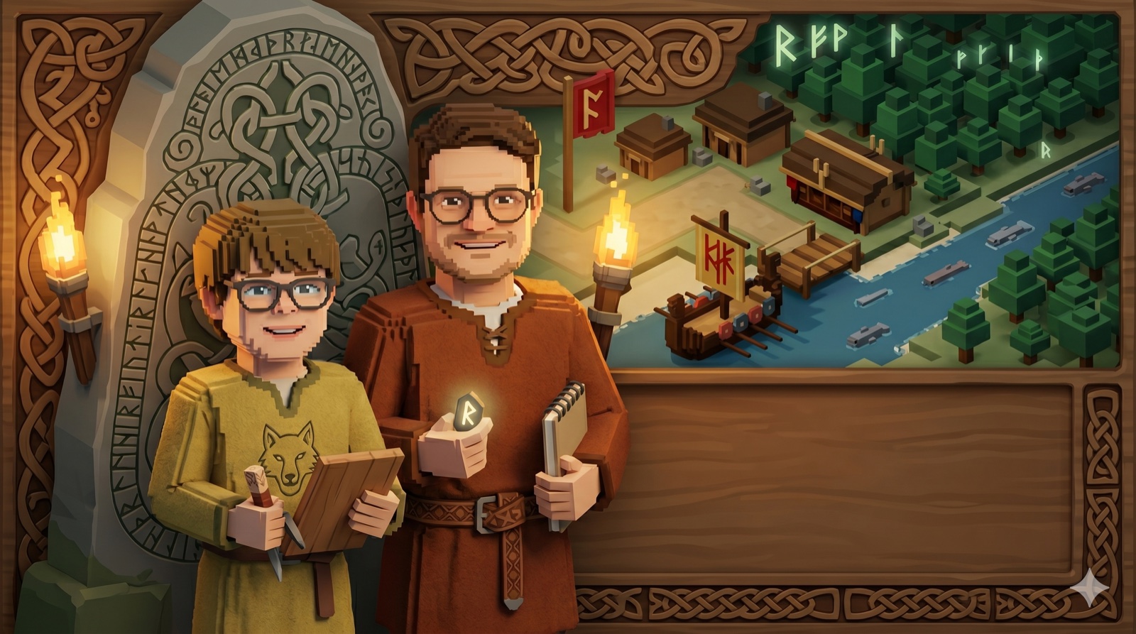 Voxel portrait of Thomas and Seth Hansen beside the Jelling Stone village map.